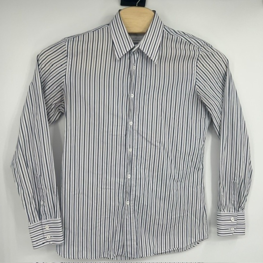 Prada Mens White Navy Blue Striped Cotton Long Sleeve Button Down Shirt Size 40